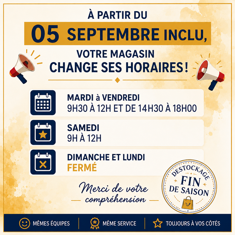 Nouveaux horaires du magasin à partir du 5 septembre 2026